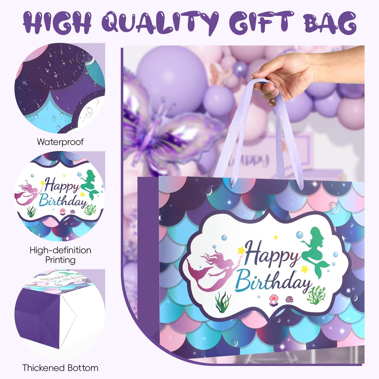 JMANNI Large Happy Birthday Gift Bag with Tissue Papers and Greeting Card,Portable Paper Mermaid Gift Bags with Handles,Purple Present Bags for Women Girls Birthday Party Supplies13 x 10.2" x4.7"