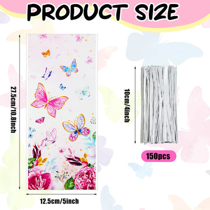 100 Pcs Butterfly Gift Bags - 10.8 x 5 Inch Butterfly Goodie Bags Cellophane Spring Flower Treat Candy Bag Party Favor Bag with 150 Twist Ties for Girls Butterflies Baby Shower Birthday Party Supplies