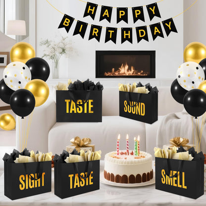 5 Senses Gift Bags For Him Her With Labels Tissue Paper and Handles, Comes With Birthday Decoration Rose Petals and Happy Birthday Banner Balloons for Valentine's Day (Black Gold, 12.6 x 8.7 x 4 inch)