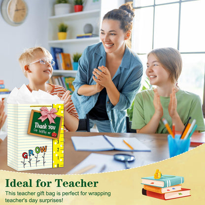 D4DREAM Teacher Gift Bag - 11.5'' Sturdy End of Year Teacher Appreciation Gift Bag with Handles and Tissue Paper for Graduation Teachers Retirement Teacher Party Supplies