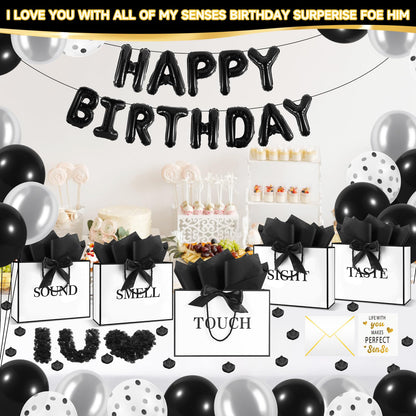 Epoesch 5 Senses Gift Bags for Him with Labels, Tissue Paper & Bow Ribbon | Happy Birthday Decorations Kit with Banner,Balloons, Rose Petals, Envelope, Card for Men, Women and Her (White with black trim)