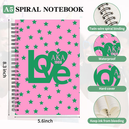 JOHSBYD AKA Sorority Spiral Notebook 2 Pack A5, 1908 Pink and Green Lined Journal for Women, Notebook for Work School Note Taking, AKA Gifts for Sisters Students Teacher (2 spiral-aka love)