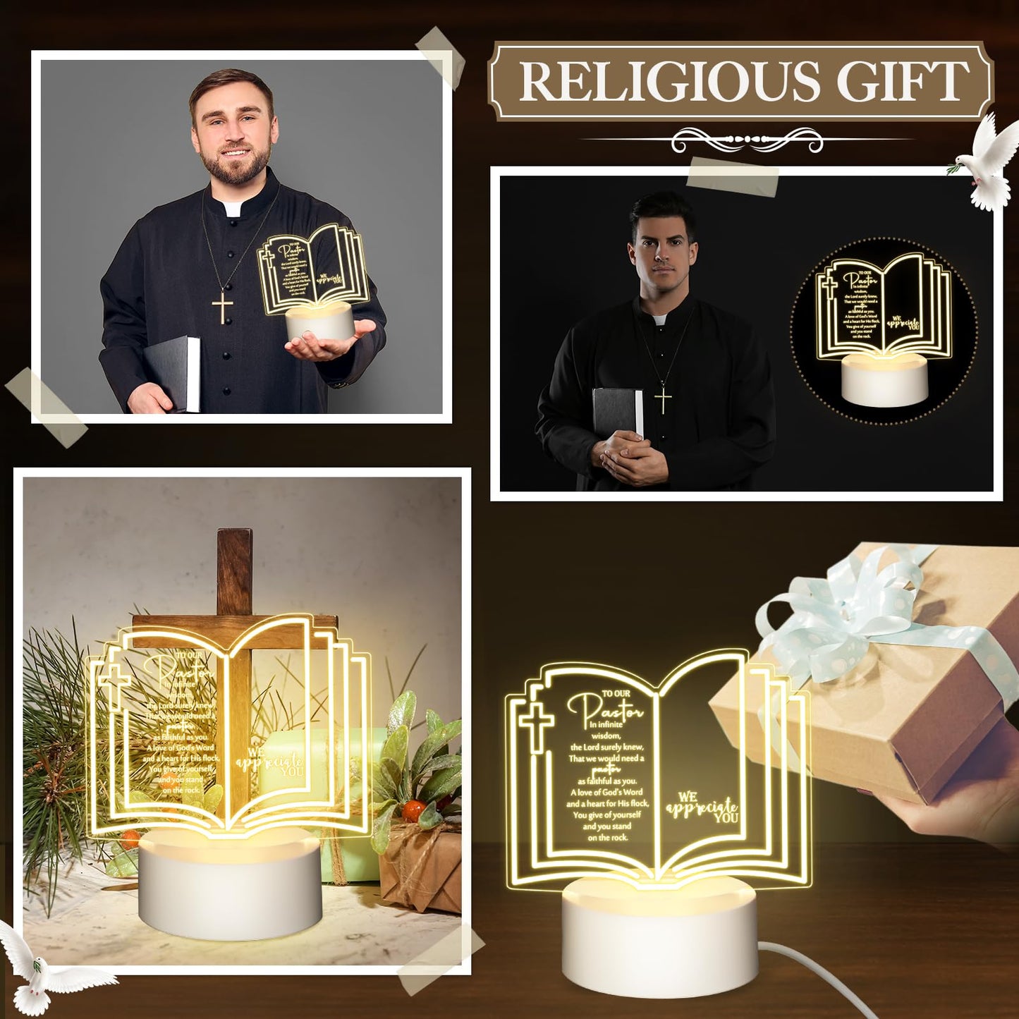 Kosiz 1 Pcs Pastor Appreciation Gifts LED Night Light Fathers Day Pastors Gift for Men Women Acrylic Clergy Lamp with Base Bible Verse for Father Church Christian Birthday Anniversary Graduation