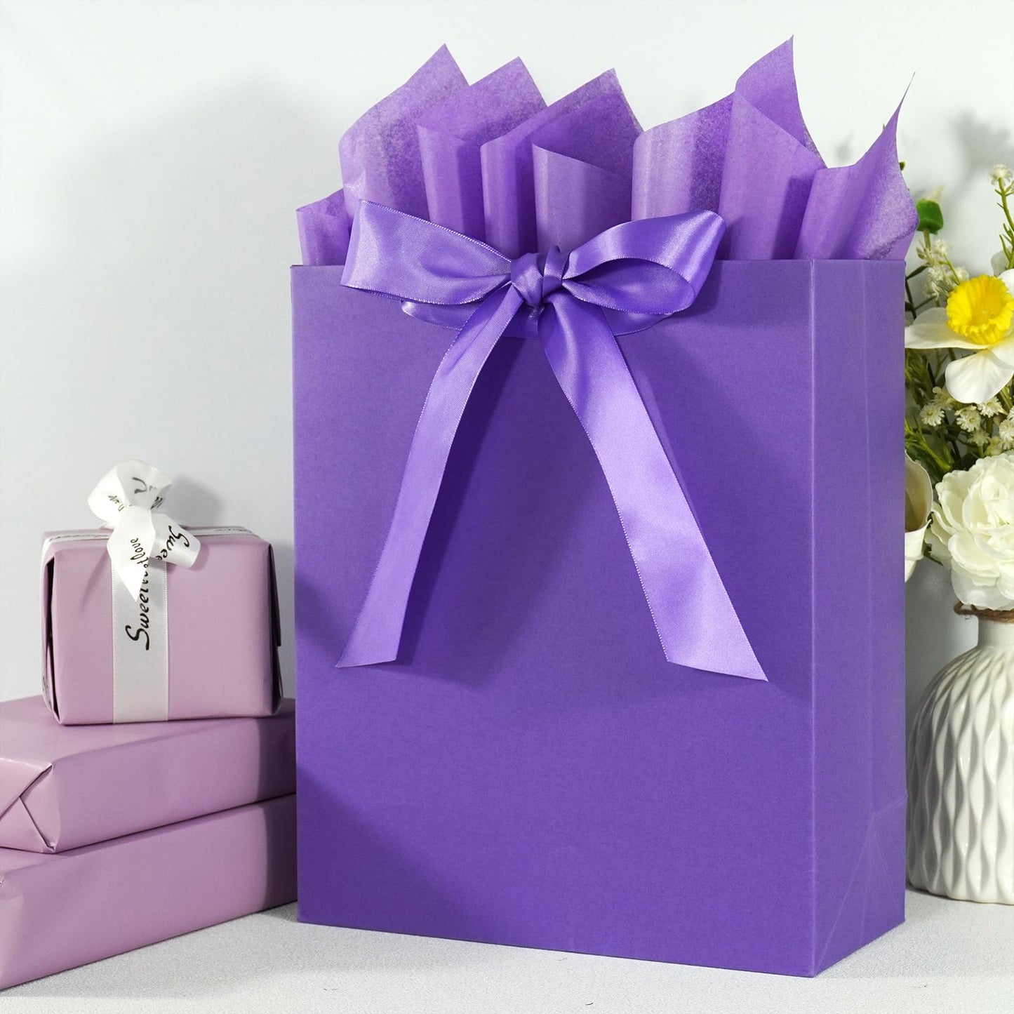 Elegant Purple Gift Bag 10.2"x4.7"x12.2" with Ribbons Handles, Includes Card and Tissue Papers for Weddings, Birthdays, Baby Shower, Parties, Holidays