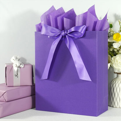 Elegant Purple Gift Bag 10.2"x4.7"x12.2" with Ribbons Handles, Includes Card and Tissue Papers for Weddings, Birthdays, Baby Shower, Parties, Holidays
