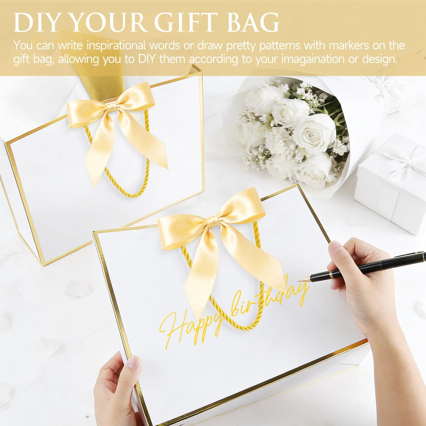Ethhqu Fancy Large Gift Bags with Handles, 2 Pack 12.6x10x4 Inches - Includes Tissue Paper & Cards for Birthday, Baby Shower, Wedding, Anniversary, Easter, Mother's Day & Holiday Gifts (White and Gold)