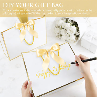 Ethhqu Fancy Large Gift Bags with Handles, 2 Pack 12.6x10x4 Inches - Includes Tissue Paper & Cards for Birthday, Baby Shower, Wedding, Anniversary, Easter, Mother's Day & Holiday Gifts (White and Gold)