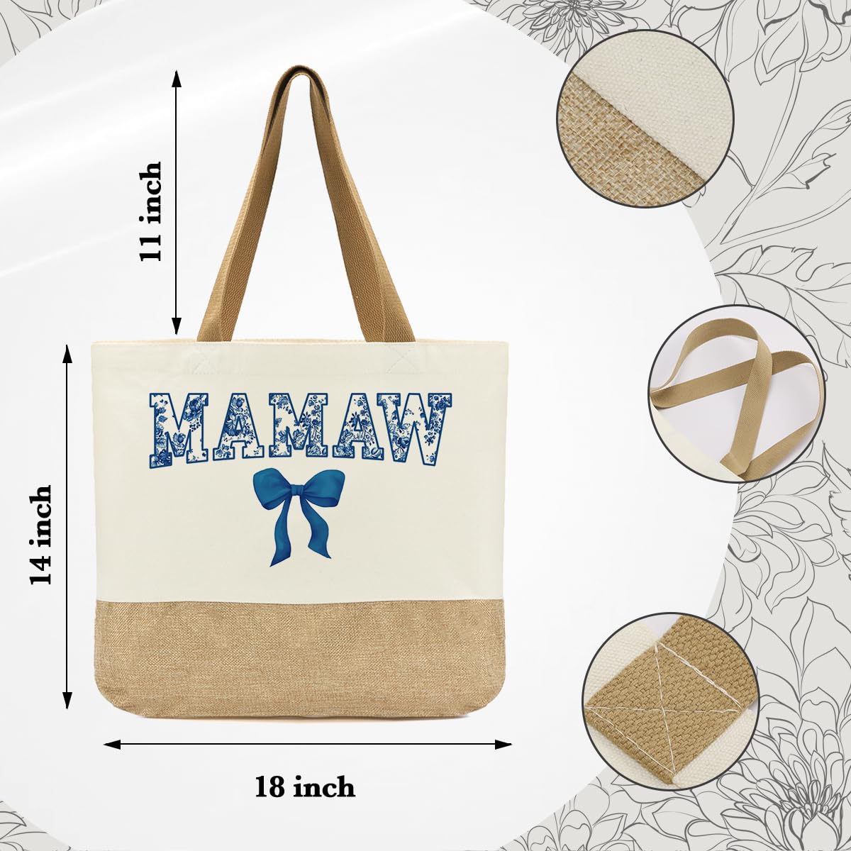 Mamaw Bag, Mamaw Gifts, Gifts for Mom Grandma, Birthday Christmas Retirement Appreciation Gift for Women Mom Grandma Nana Gigi Mimi, Reusable Blue Bow Floral Tote Bags and Makeup Bags With Zipper