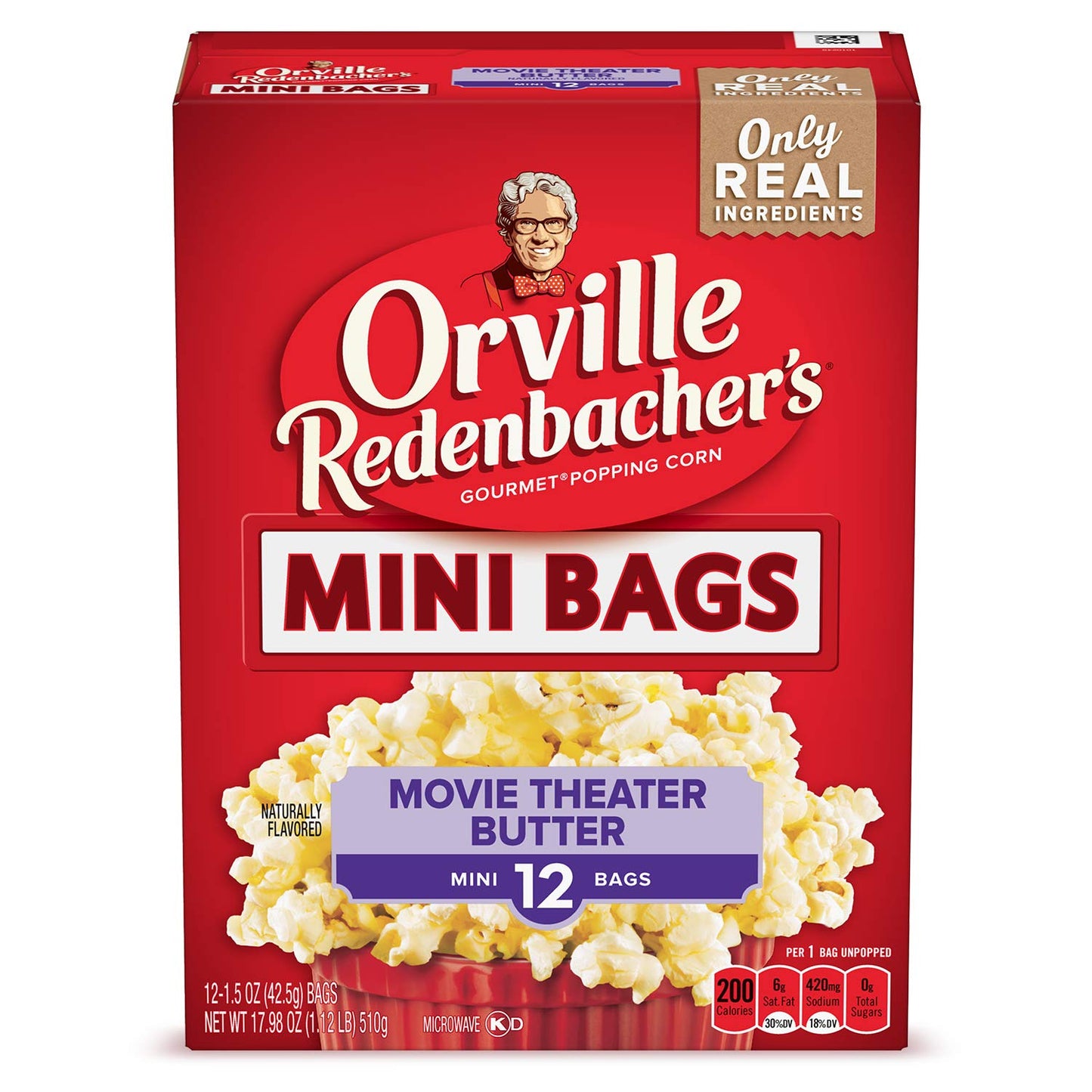 Orville Redenbacher’s Microwave Popcorn Mini Bags, Movie Theater Butter Flavor, 3g Fiber Per Serving, 1.5 oz., 12-Count