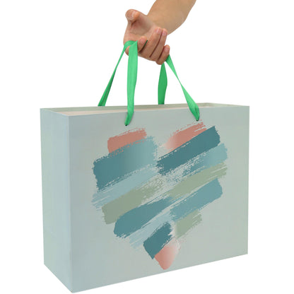 wishinside 13" Large Mint Green and Peach Gift Bag Set with Greeting Card and Tissue Papers for Valentines Day, Birthday Party, Wedding, Anniversary, Mother's Day, Brushstroke Heart Design, 1Pcs