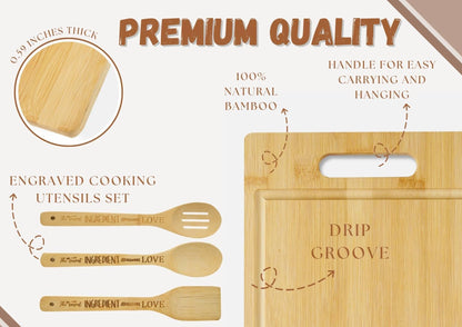 Chicago City Skyline Gifts Bamboo Cutting Board with Wooden Spoon Chicago Lovers, Skyline Map Kitchen Gift for Christmas, Mother's Day - 11.4 x 8.6