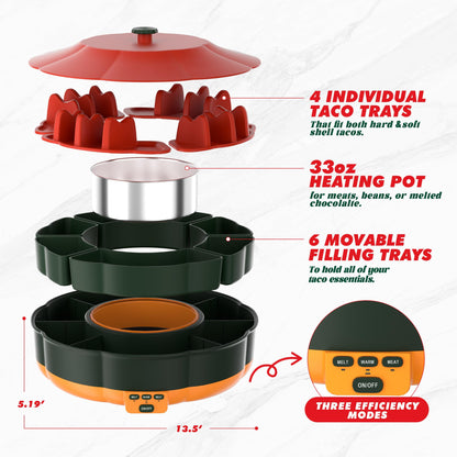 Taco Tuesday Kit - Taco Bar Serving Set for a Party with 33oz Heated Pot, 4 Taco Holders, Detachable Lazy Susan Tray, Perfect for Parties, Nachos Taco Night Fiesta Unique Couple & Housewarming Gift