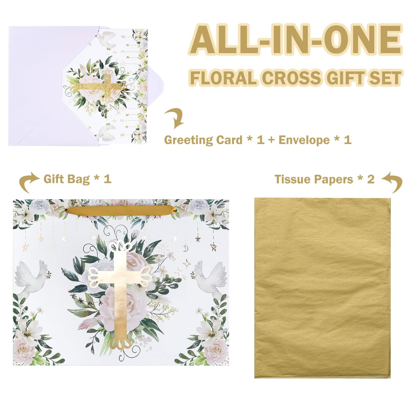 WRAPAHOLIC 13" Large Religious Gift Bag with Card and Tissue Paper - Gold Foil Floral Cross Design for First Communion, Easter, Baby Baptisms, Christenings