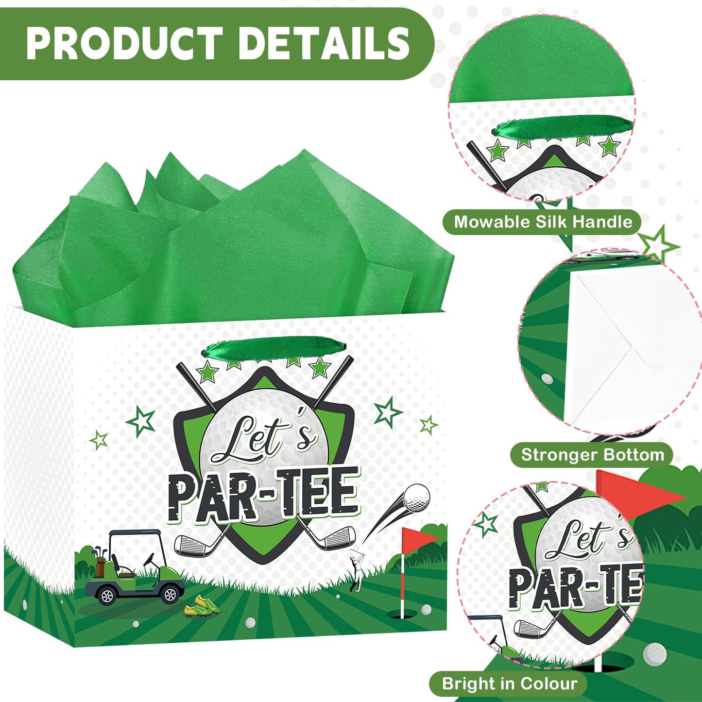 LOYUJI Large Golf Birthday Gift Bag, Green Golf Themed Gift Bag with Tissue Paper and Card, Sports Party Decorations for Men, Boys, Baby Showers, Birthday Party Favor Supplies
