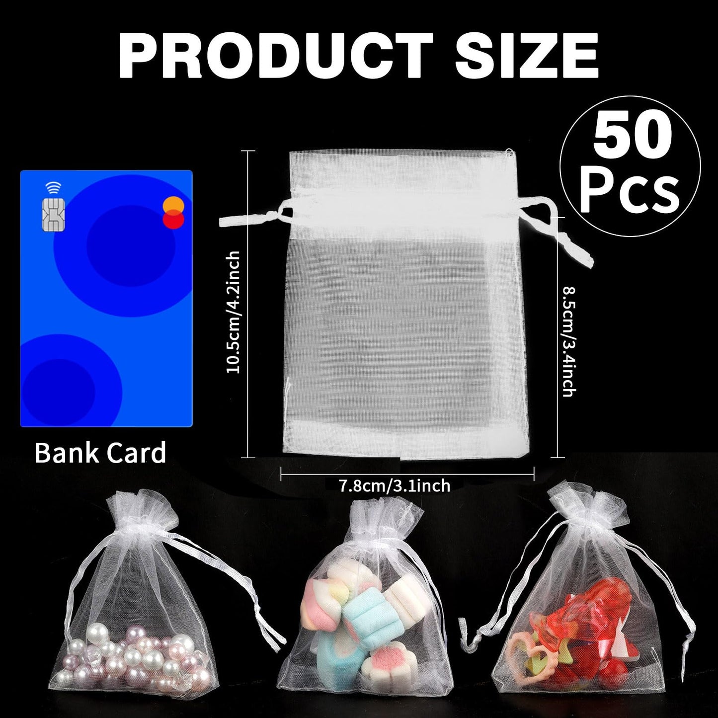 Organza Bags, White Organza Bags, 50Pcs, Sheer Organzas Bag 3 x 4 inch, Jewelry Gift Bags, Party Favor Bags with Drawstring, Mesh Gift Pouches Mini Candy Pouch for Wedding Christmas Party