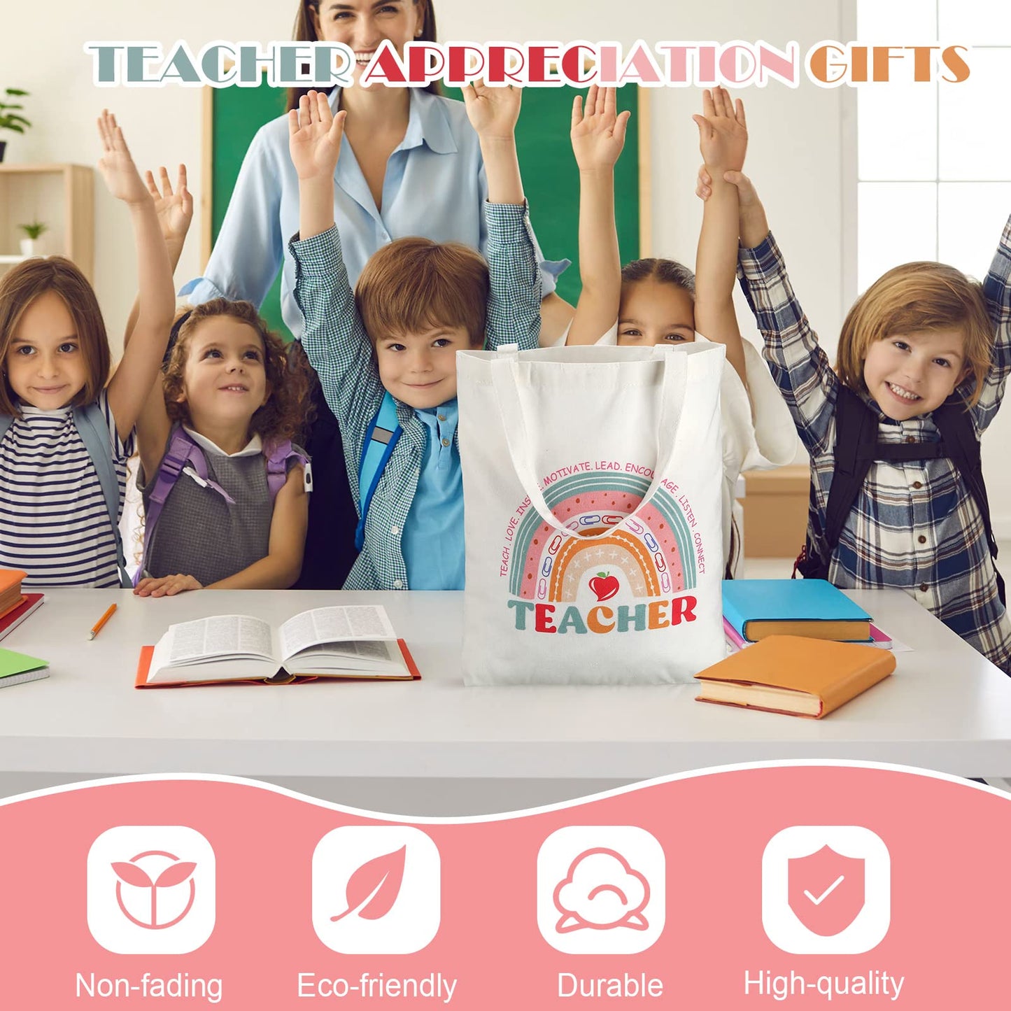 Mixweer 4 Pcs Teacher Appreciation Gifts Bags Teacher Canvas Tote Bags for Women Christmas School Supply(Rainbow Style)