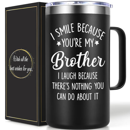 Lifecapido Brother Gifts from Sister, I Smile Because You’re My Brother 20 oz Insulated Coffee Mug, Christmas Birthday Gifts for Brothers, Black