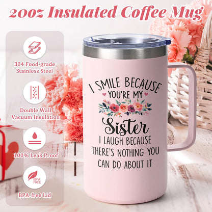 Lifecapido Sister Gifts from Sisters, I Smile Because You’re My Sister 20oz Insulated Coffee Mug with Keychain, Birthday Christmas Mothers Day Gifts for Sisters, Rose Quartz