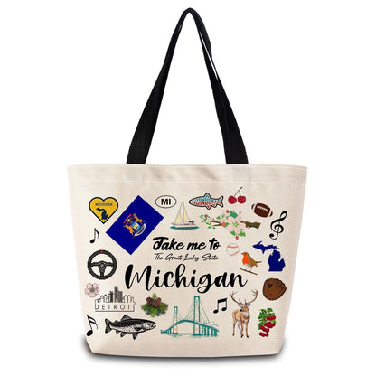 Take Me To Michigan Tote Bag Reusable Grocery Bags Aesthetic Shopping Shoulder Handbag with Interior Pocket Lightweight & Washable Stylish Michigan Travel Present for Women