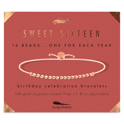 Lucky Feather Sweet 16 Gifts for Girls | 16th Birthday Bracelet Gift Idea for 16 Year Old | 16 year old girl gifts on Adjustable Cord | 16th birthday gifts for girls | Silver, Gold, Rose Gold Dipped