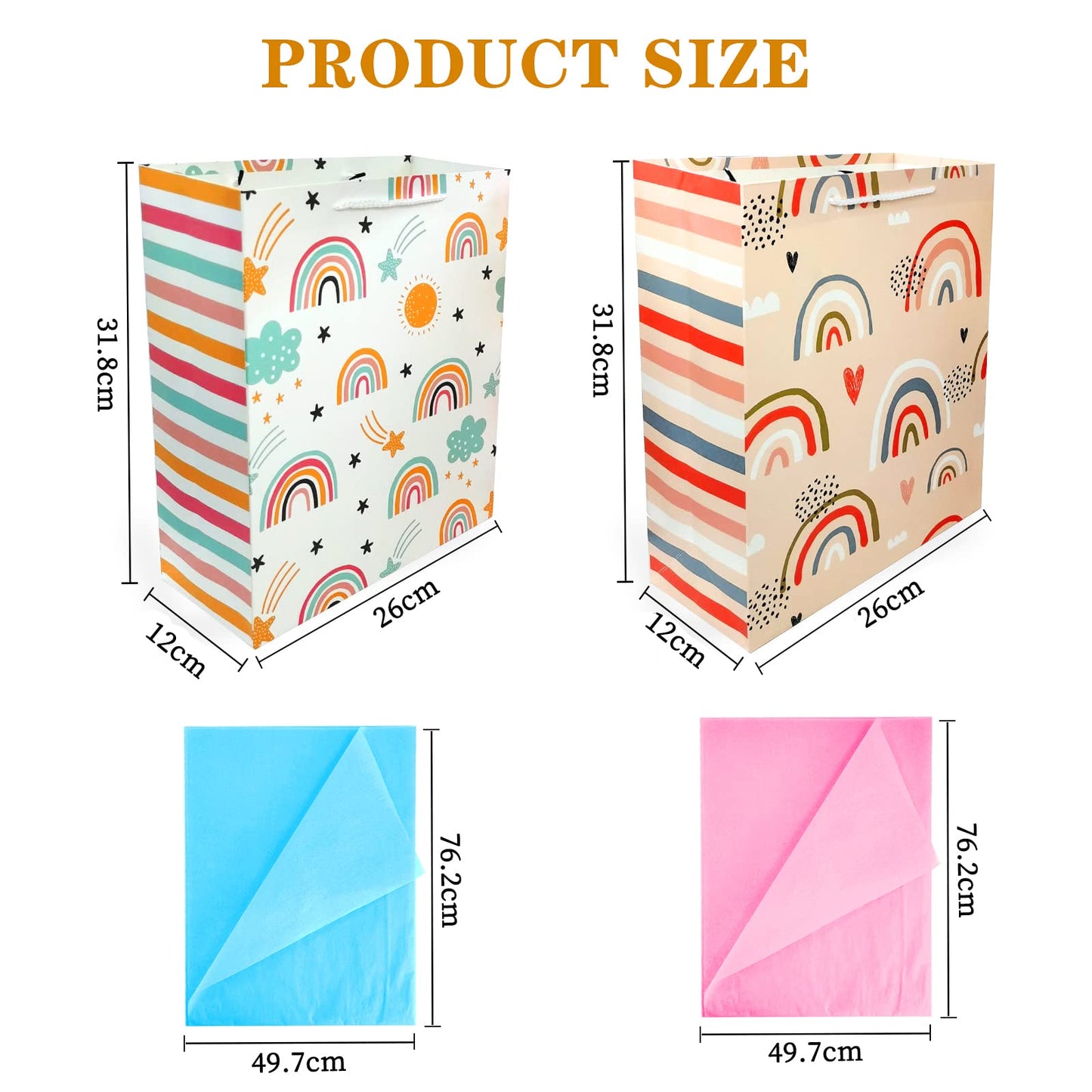 Gift Bag for Girls, Birthday Large Gift Bag Bulk Set Included 2 Pack Paper Gift Bags with Tissue Paper, Rainbow Gift Bags for Kids, Baby, The Colorful Pink Red Gift Bags with Handles, The Pretty Present Bag Gift Bags for Birthday, Party, Baby Shower...
