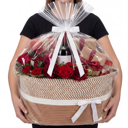 Colingmill Extra Large Graduation Gift Basket Empty with Ribbons Bow Tie Bag, Grad Woven Empty Decorative Box, Woven Rope Storage with Handles Home Decor(15 x 11 x 9.5 Inch, Khaki White)