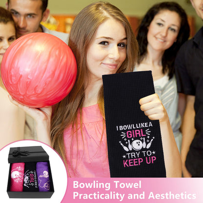 3 Pcs Bowling Towel Soft Embroidered Towels with Grommet Funny Bowling Ball Towel Absorbent Hand Towels Accessories Fans Birthday Xmas Gift for Women Sport Player Fitness Lovers Gift, 16 x 24 Inches