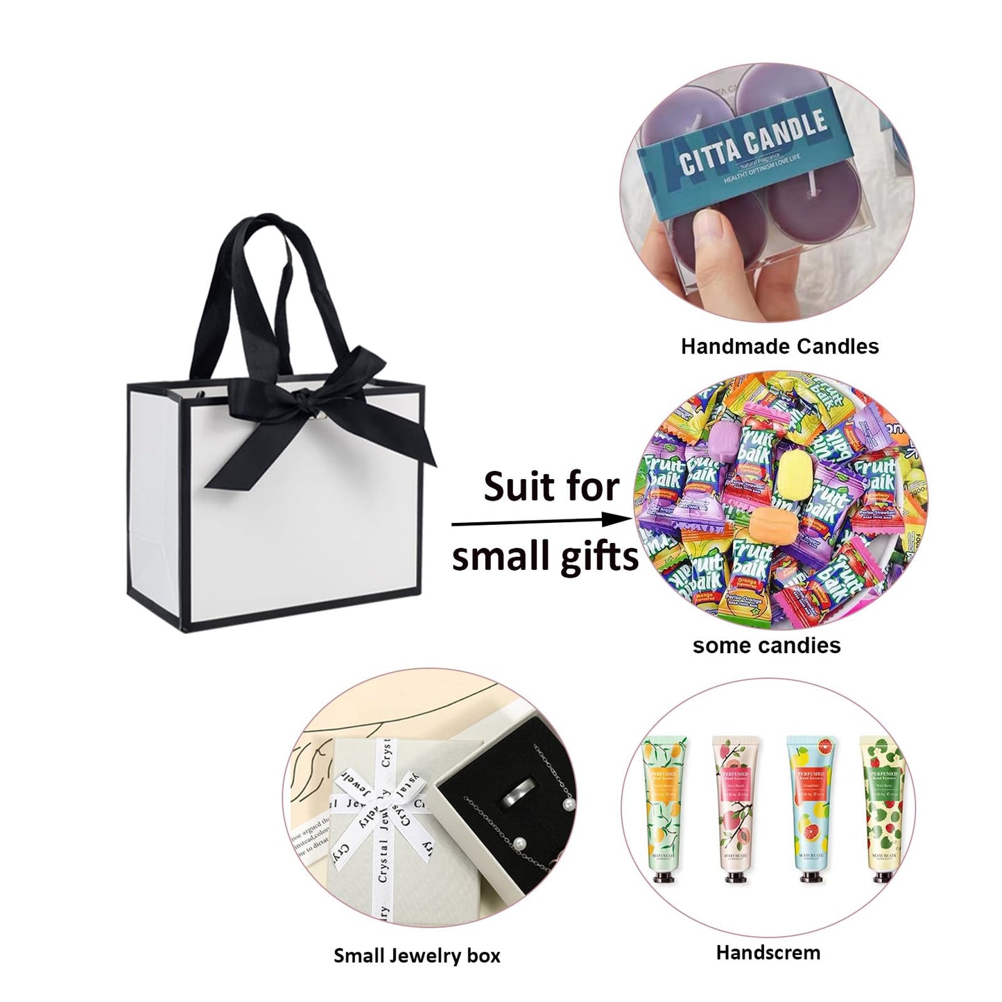 TKSBAG 50 PCS Small White Black Gift Bags with Handles, 6.4×3.1×5.1 Inch Thank You Bags with Bow Ribbon for Baby Shower, Bridal Shower, Wedding, Party Favors, Mother's Day
