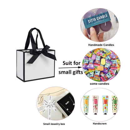 TKSBAG 50 PCS Small White Black Gift Bags with Handles, 6.4×3.1×5.1 Inch Thank You Bags with Bow Ribbon for Baby Shower, Bridal Shower, Wedding, Party Favors, Mother's Day