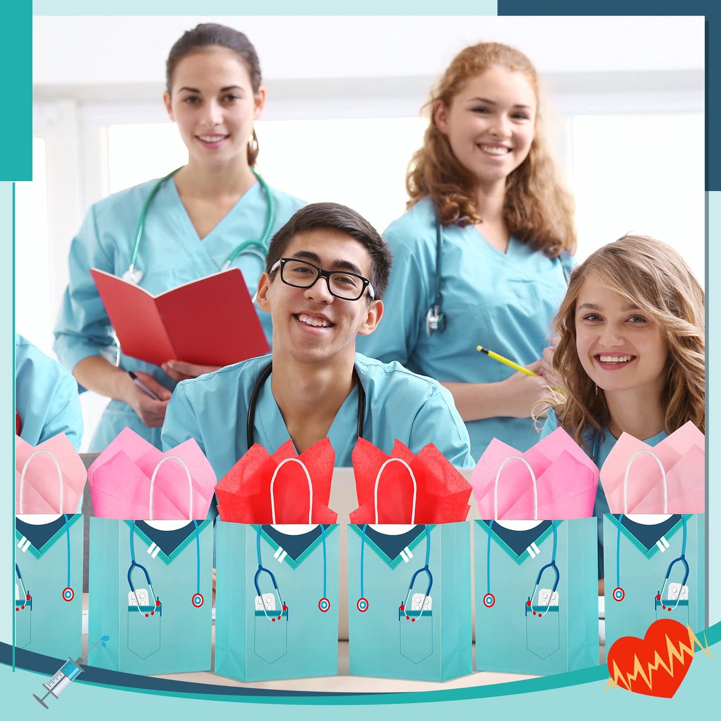 Censen 30 Pcs Nurse Gifts Bag Medical Assistant Gifts Bags Thank You Doctor Paper Goodie Bags with Handles for Healthcare Workers Back to School Party Nurse Appreciation Workers' Day Supplie (Fresh)
