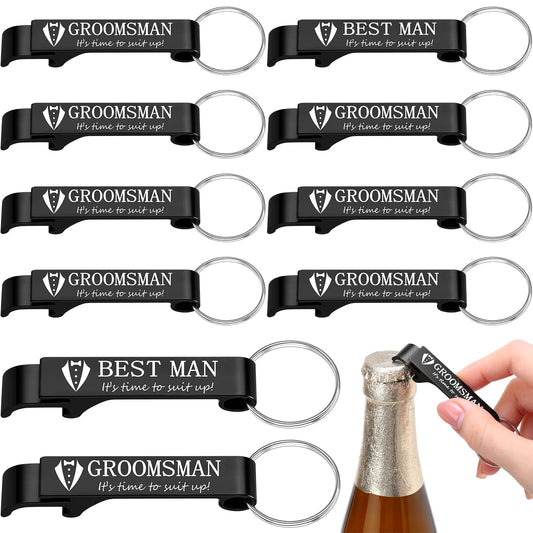 Jingmore 10 Pcs Groomsmen Bottle Opener Keychain Groomsmen Proposal Gift Aluminum Wine Beer Opener Wedding Favors Bulks Include 9 Groomsman and 1 Best Man Gift for Wedding Bachelor Party(Black)