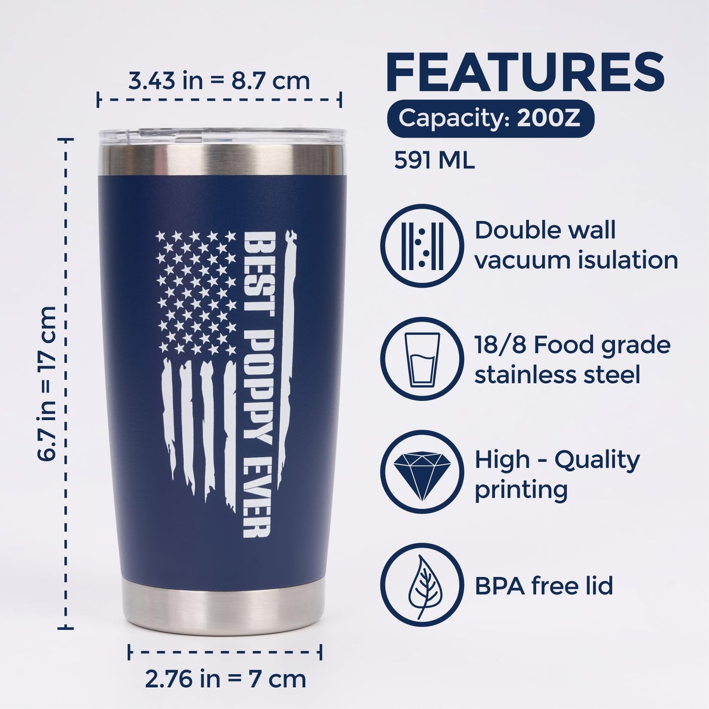 Poppy Gifts - Gift for Poppy from Grandkids - Fathers Day Christmas Birthday Gifts Idea - Tumbler 20Oz Stainless Steel