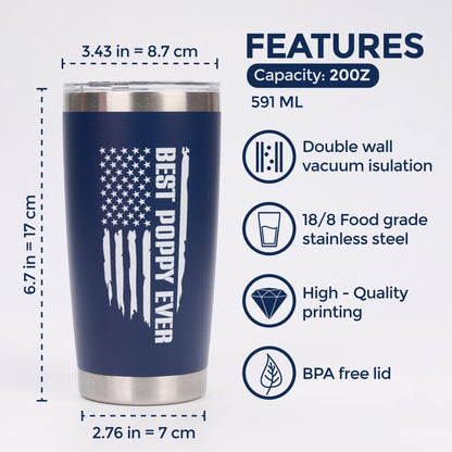 Poppy Gifts - Gift for Poppy from Grandkids - Fathers Day Christmas Birthday Gifts Idea - Tumbler 20Oz Stainless Steel