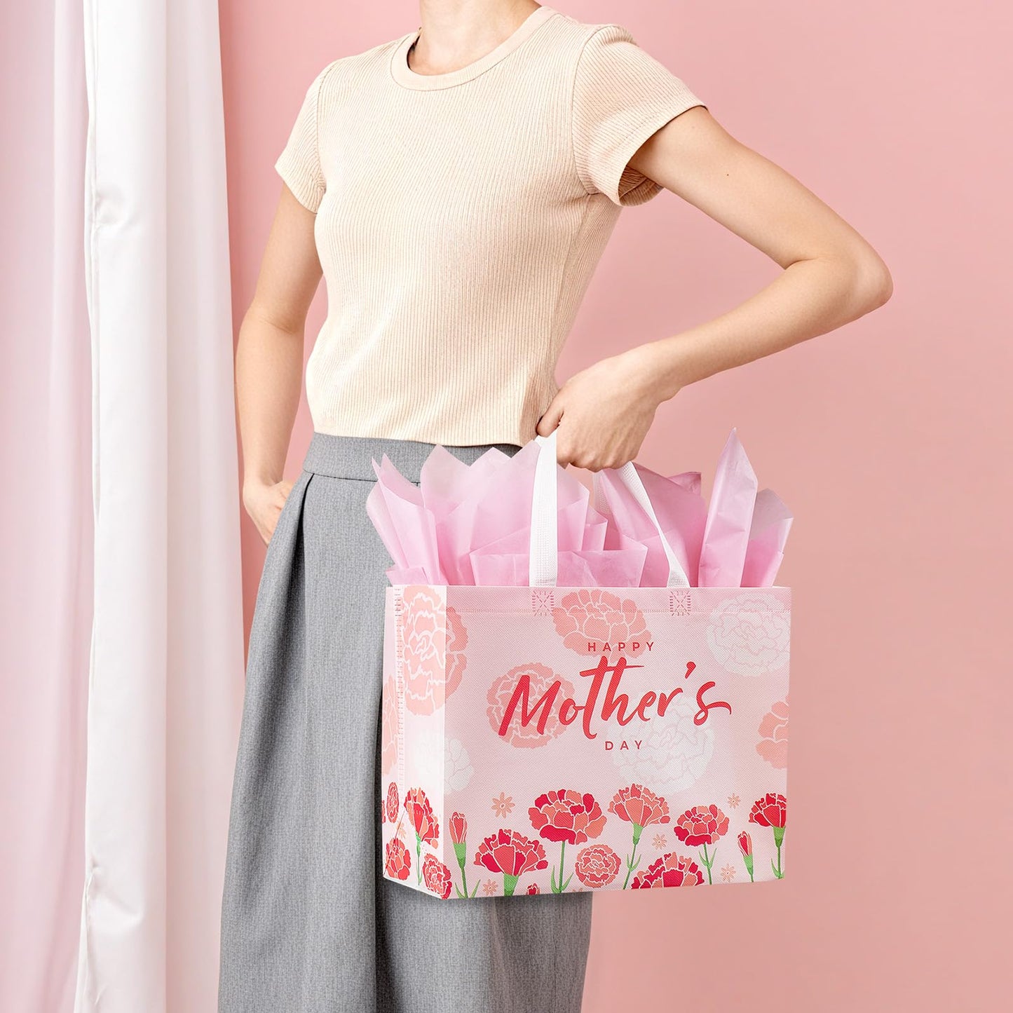 YANGTE 2 Pack 13" Large Mothers Day Gift Bags with Tissue Paper, Reusable Non-Woven Mothers Day Bag with Handle, Elegant Mothers Gift Wrap Bags for Presents, Floral Gift Bags with Cards for Woman, Mom