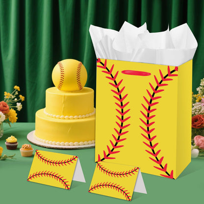Large Softball Party Gift Bag with Tissue Paper and Greeting Card for Girls Women Birthdays Party Favor Sport Birthday Goodie Bag Team Gifts Sports Celebrations