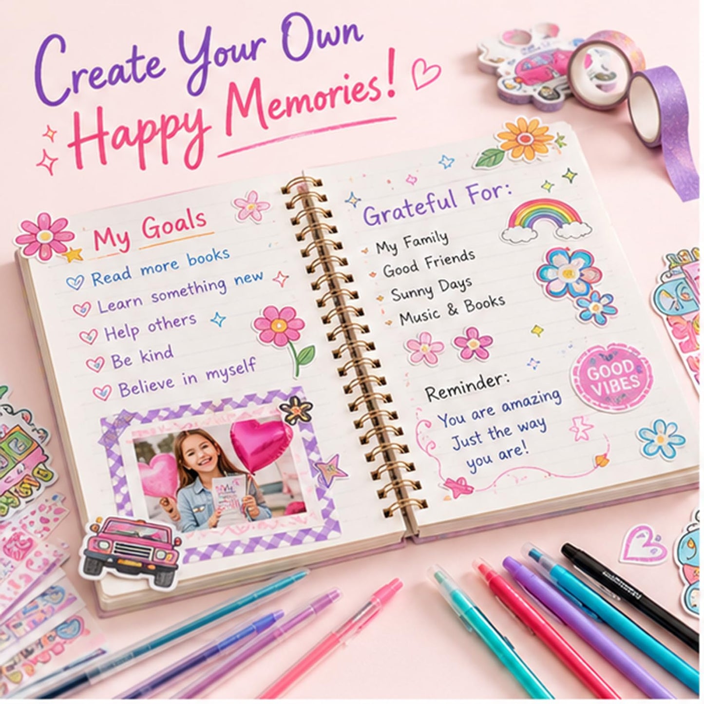 OIHEW 100+ Pcs DIY Journal Kit for Teen Girls - Scrapbook Supplies & Aesthetic Stationary Set with 2 Spiral Notebooks, Stickers, Glitter Pens - Arts and Crafts Birthday Gift for Tweens Girls Age 8-12+