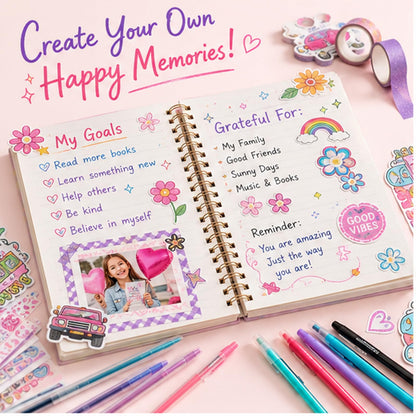 OIHEW 100+ Pcs DIY Journal Kit for Teen Girls - Scrapbook Supplies & Aesthetic Stationary Set with 2 Spiral Notebooks, Stickers, Glitter Pens - Arts and Crafts Birthday Gift for Tweens Girls Age 8-12+