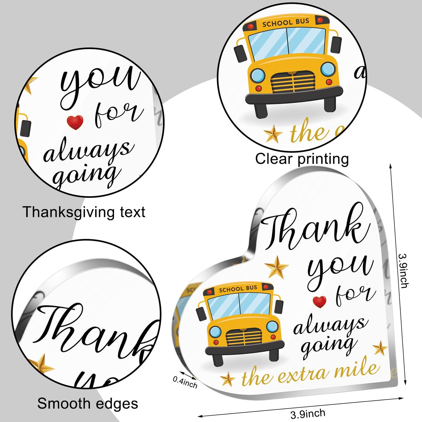Tatuo School Bus Driver Appreciation Gift Acrylic Heart Shaped Sign Paperweight Thank You for Always Going The Extra Miles Acrylic Gift for Bus Driver Graduation Retirement Farewell Birthday