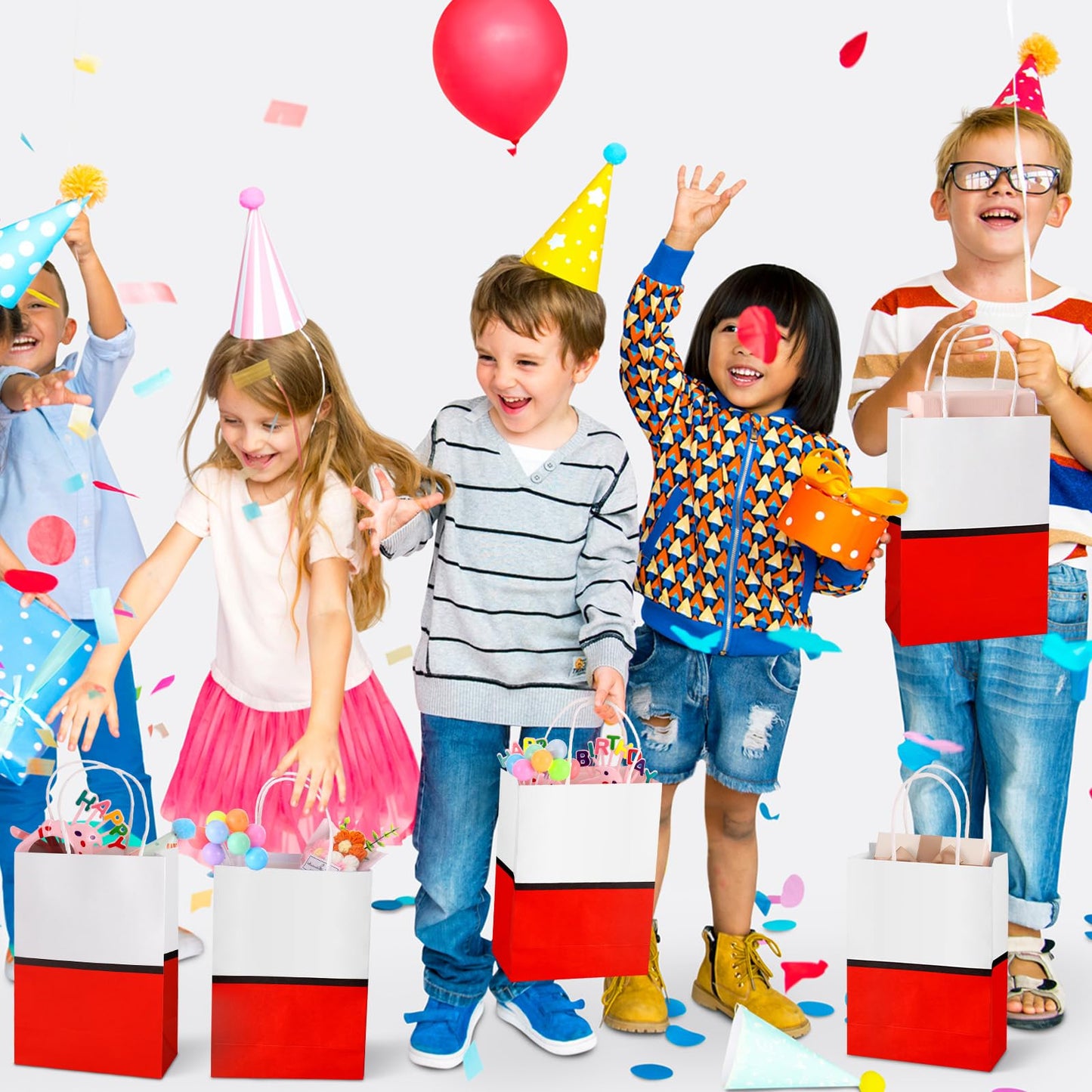 Czlotyh 24 Pcs Cartoon Animation Gift Bags Red Kraft Treat Bags with Handle Paper Goodie Bags Birthday Party Supplies for Birthday Theme Holiday Baby Shower Decorations Candy