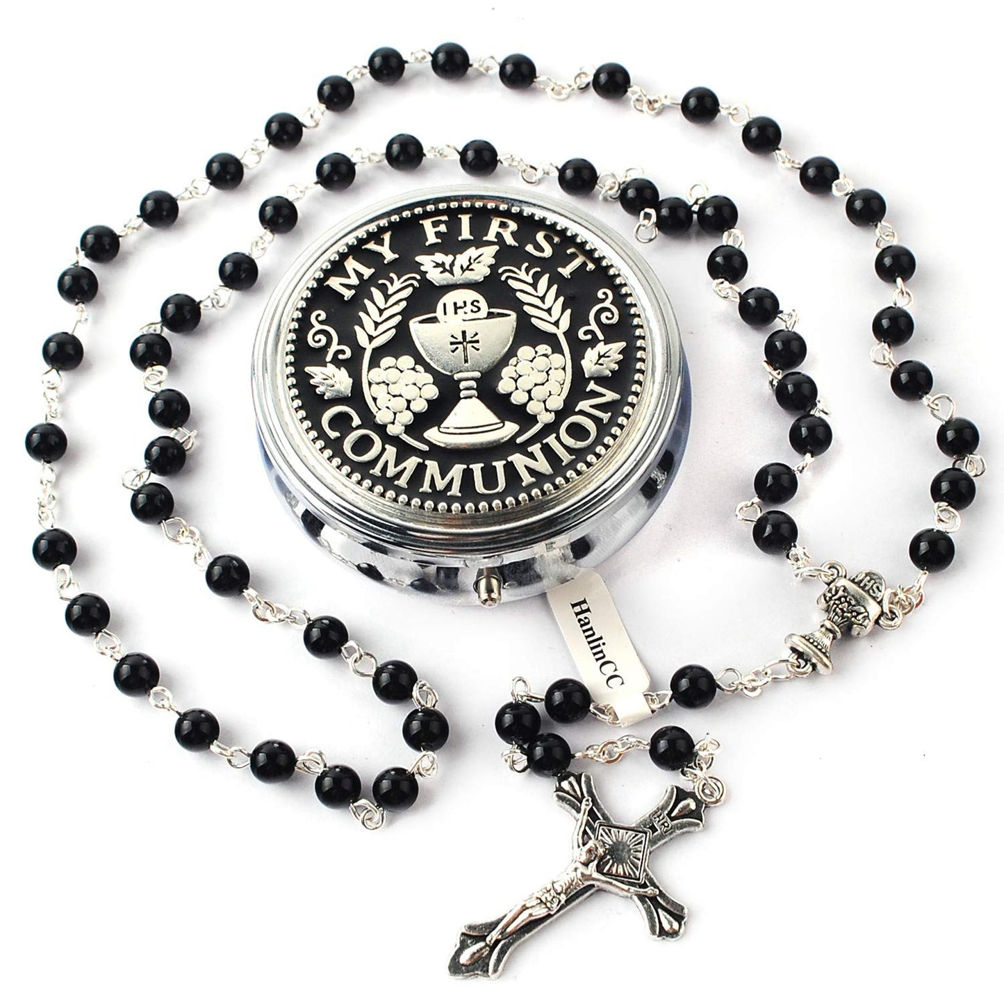 HanlinCC 6mm Glass Pearl Prayer Beads First Communion Rosary with Chalice Center Piece and Crucifix in Anti-Silver Plated Pack in Holy Cup Metal Gift Box