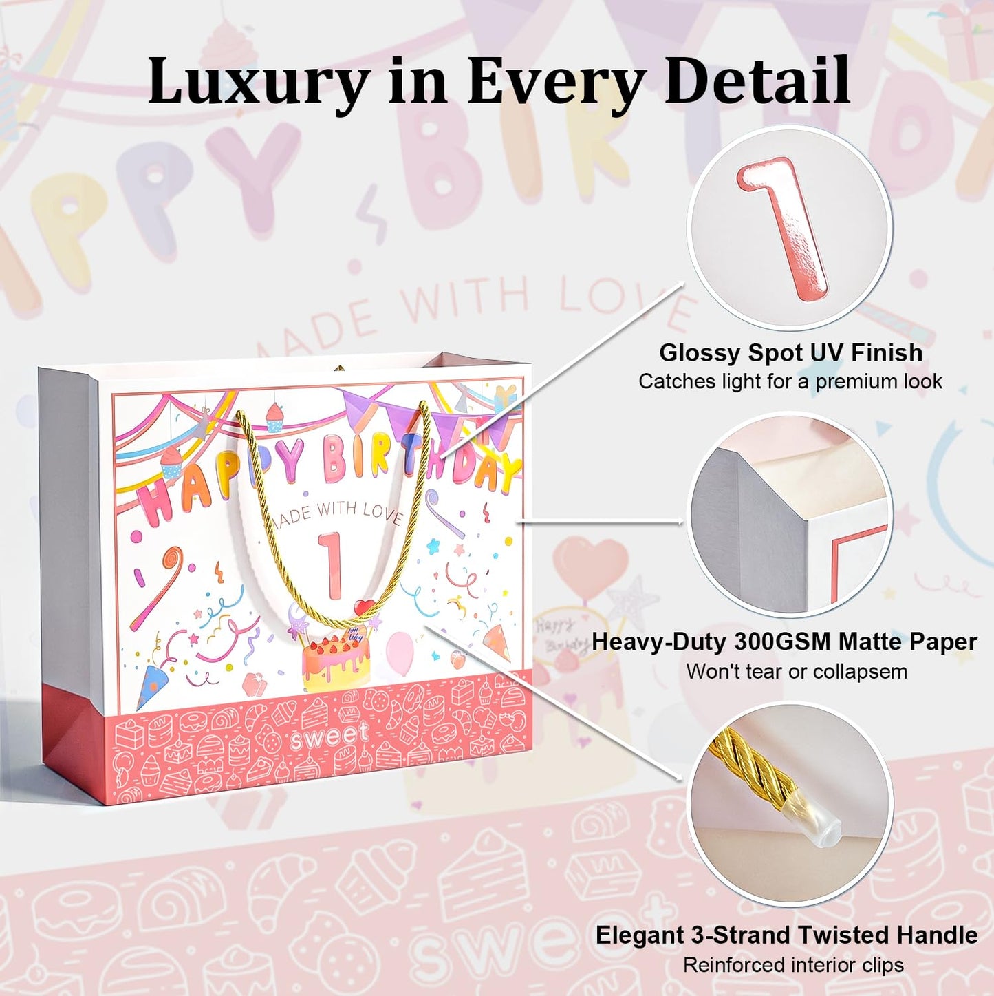 BOPLYBAY 1st Birthday Gift Bag for Girls with Greeting Card & Tissue Paper - Large 13" Pink Age 1 Birthday Party Favor Bag, Luxury Gift Wrapping Set for One Year Old Baby Girl (Age 1)
