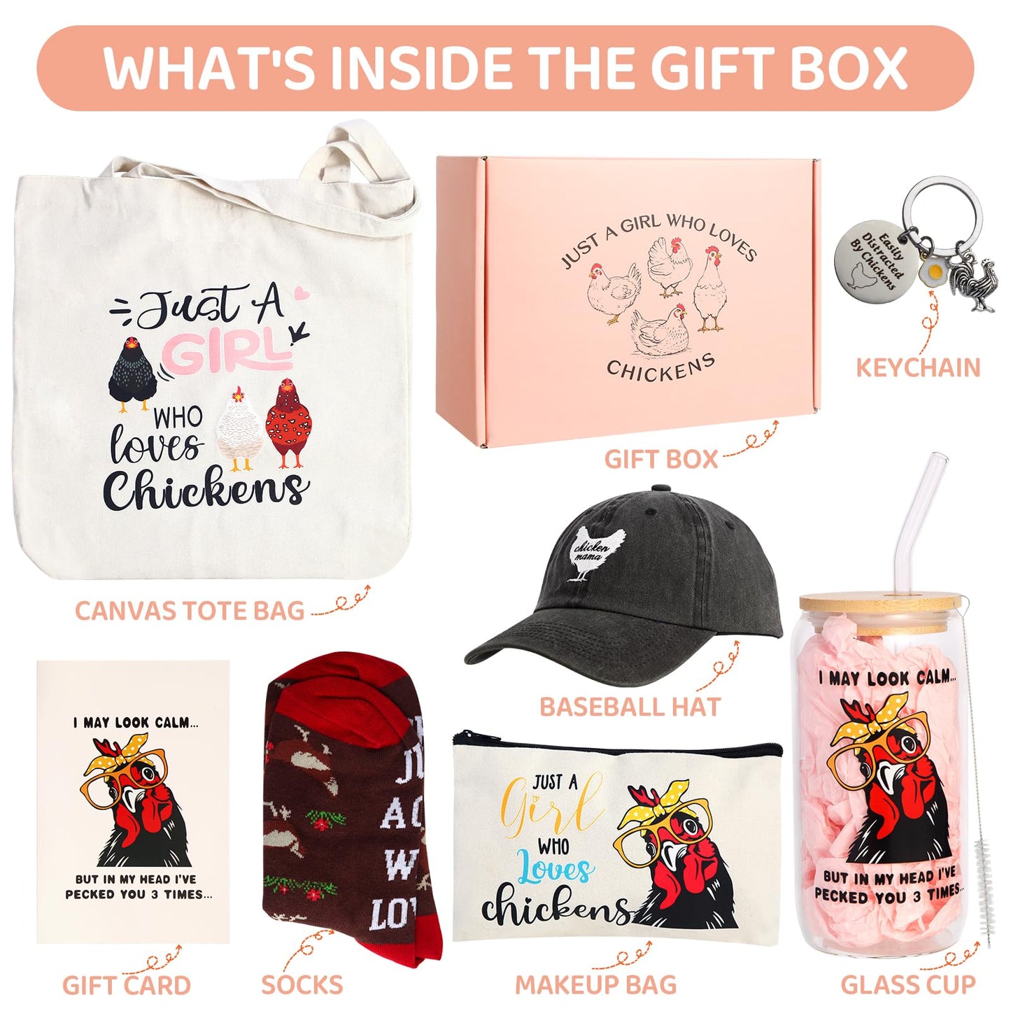 Bayelove Funny Chicken Gifts for Women Chicken Lovers Stuff Chicken Lovers Gifts for Women Include Chicken Glass Cup Canvas Tote Bag Makeup Bag Keychain Hat Socks Card for Birthday Christmas