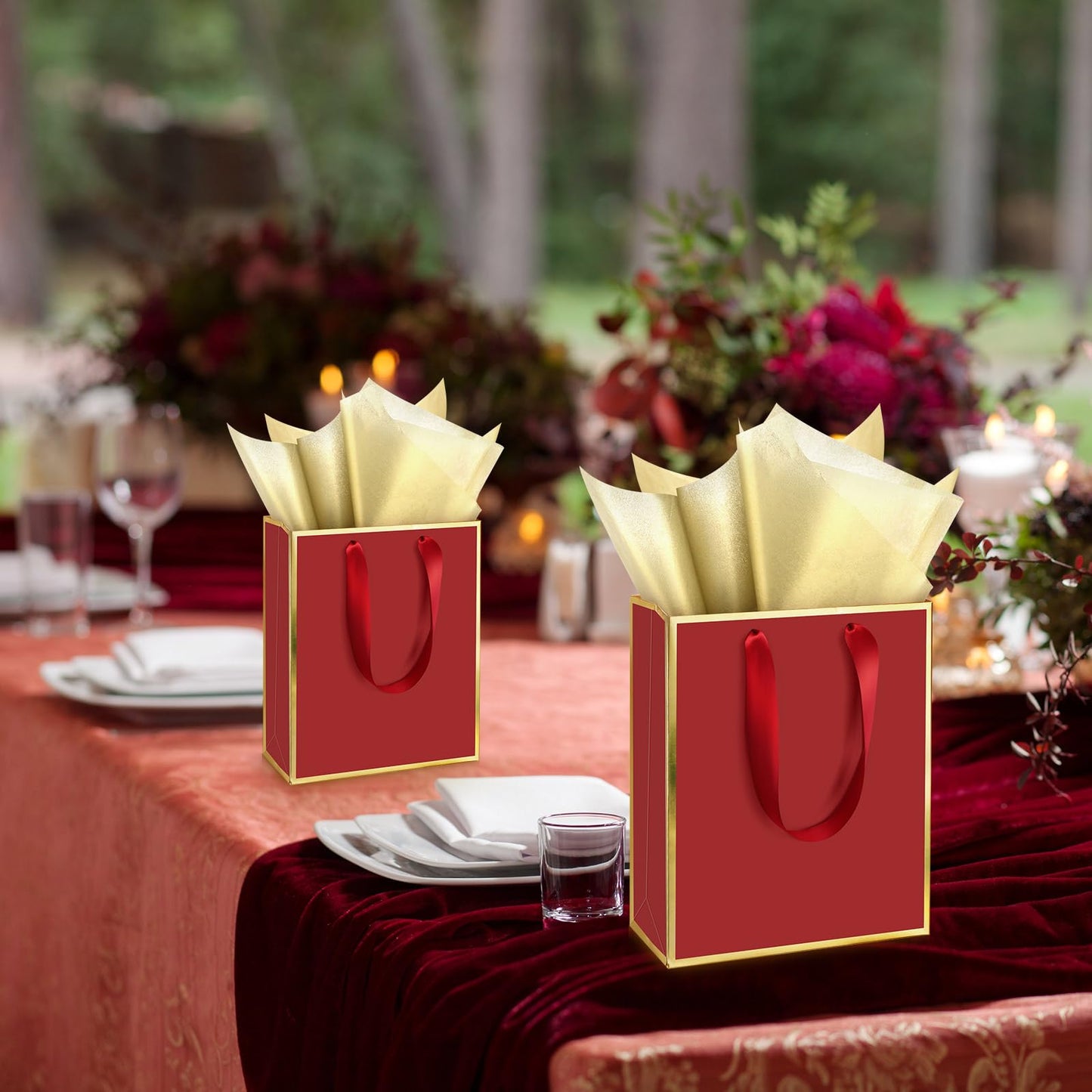 Yeaqee 24 Pack Metallic Paper Gift Bags with Handle and Tissue 9x7x3.1 Gold Foil Welcome Thank You Favor Bags Return Gifts for Wedding Mothers Graduation Bridesmaid Birthday(Burgundy Red and Gold)