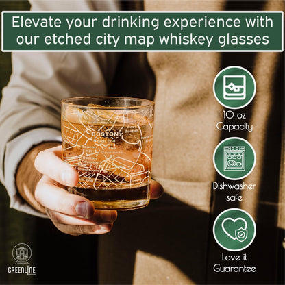 Greenline Goods Whiskey Glasses - 10 Oz Tumbler Gift Set for Boston lovers, Etched with Boston Map | Old Fashioned Rocks Glass - Set of 2