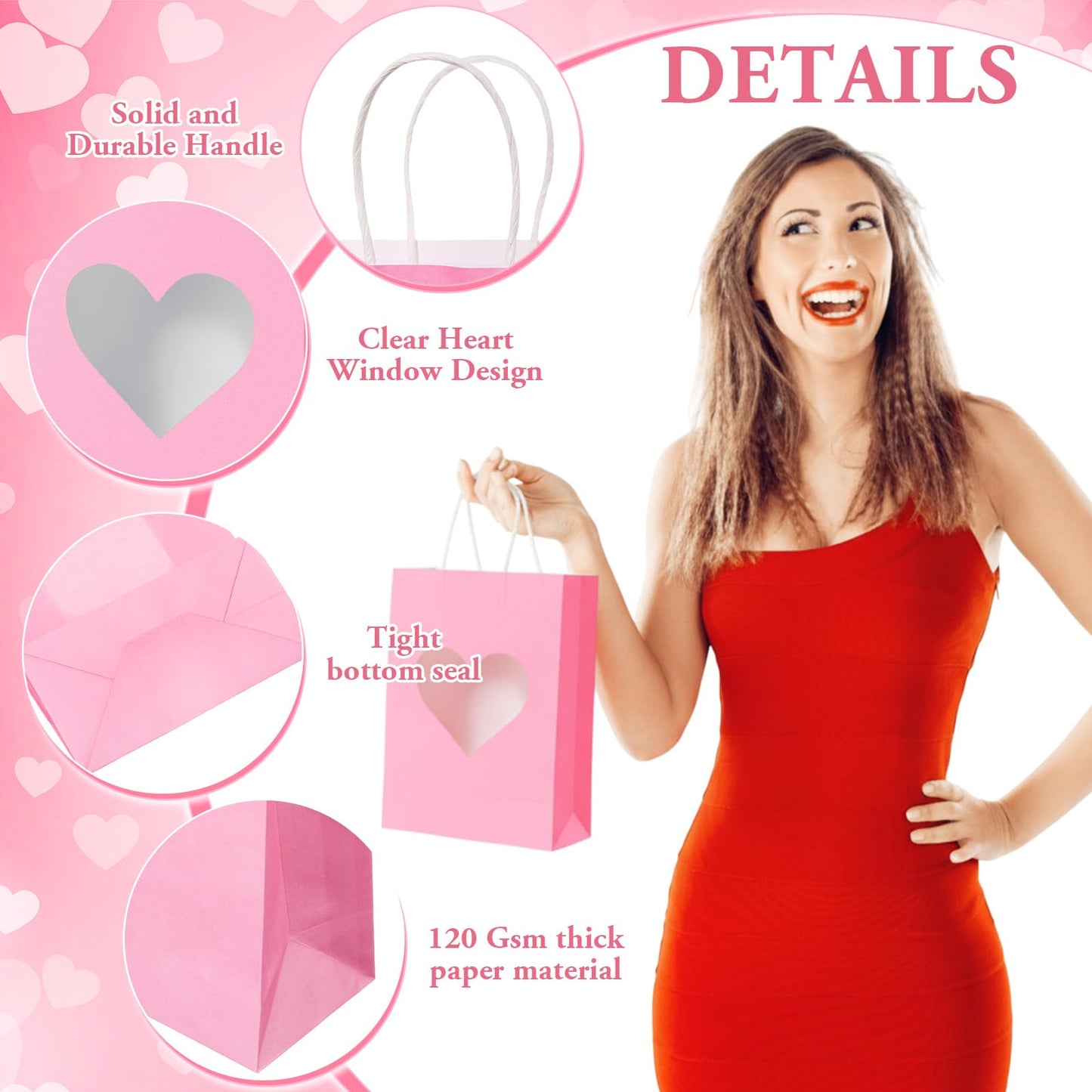 Gilprop 24 Pcs Red Pink Paper Gift Bags with Heart Clear Window & Handles, Treat Bags Bulk for Mother's Day, Galentines Party, Wedding Favor, Bridal Shower Packaging for Candy Cookies (Red Pink)