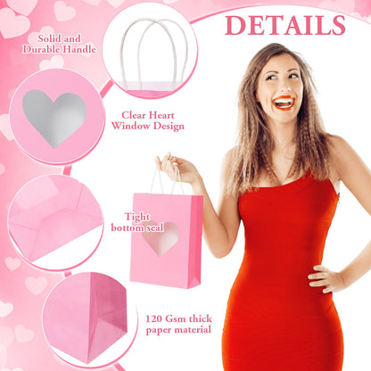 Gilprop 24 Pcs Red Pink Paper Gift Bags with Heart Clear Window & Handles, Treat Bags Bulk for Mother's Day, Galentines Party, Wedding Favor, Bridal Shower Packaging for Candy Cookies (Red Pink)