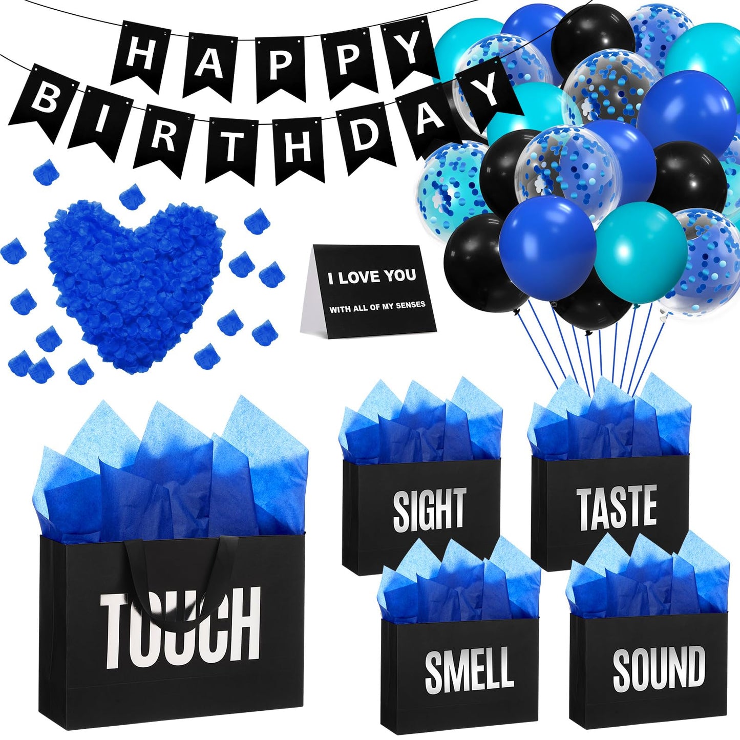 Soulchen 5 Senses Gift Bags for Him Her with Labels, Five Senses Gift Birthday Party Decoration Tissue Paper Handles, Comes with Rose Petals Banner Balloons for Party(Birthday,Blue Black)