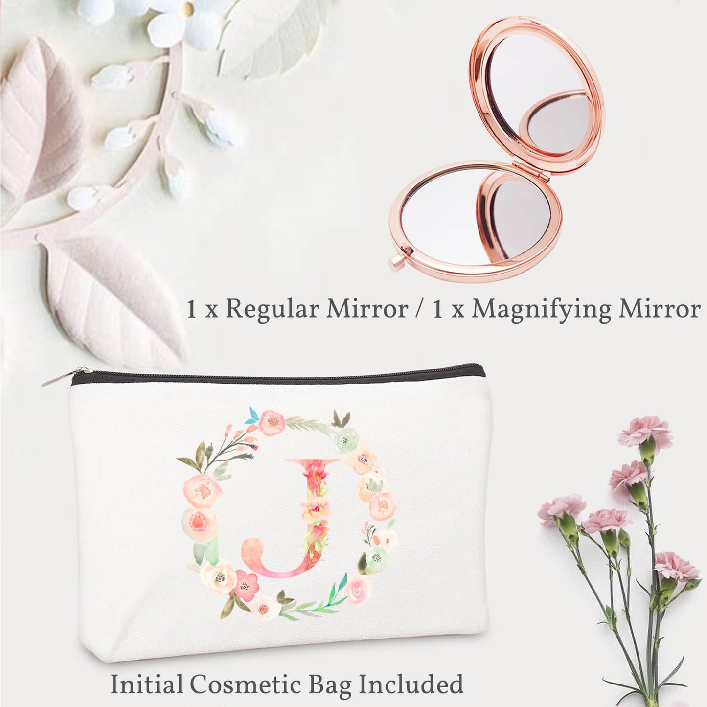 Personalized Gift Initial Compact Mirror w Makeup Bag for Women Sister Daughter Mom Wife, Floral Monogram Alphabet Small Mirror Ideal Gift on Birthday, Christmas, Graduation (J + Bag, ROSE GOLD)