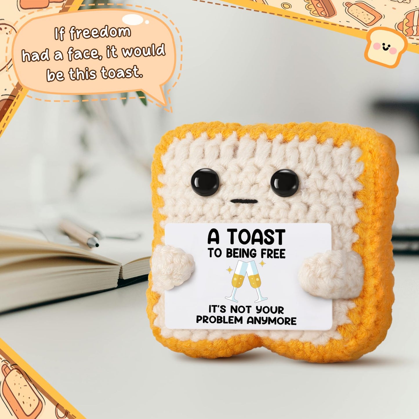 Crochet Toast “A Toast to Being Free” Plush – Funny Celebration Gifts for Woman Men Best friend Coworker “It’s Not Your Problem Anymore” Card for Leaving Workor, Retirement, Divorce, Graduation Gift