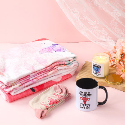 Breling 4 Pcs Funny Hysterectomy Recovery Gift Set for Women Funny Ceramic Mug Flannel Throw Blanket Crew Socks Candle Post Uterus Surgery Care Package Gift Basket
